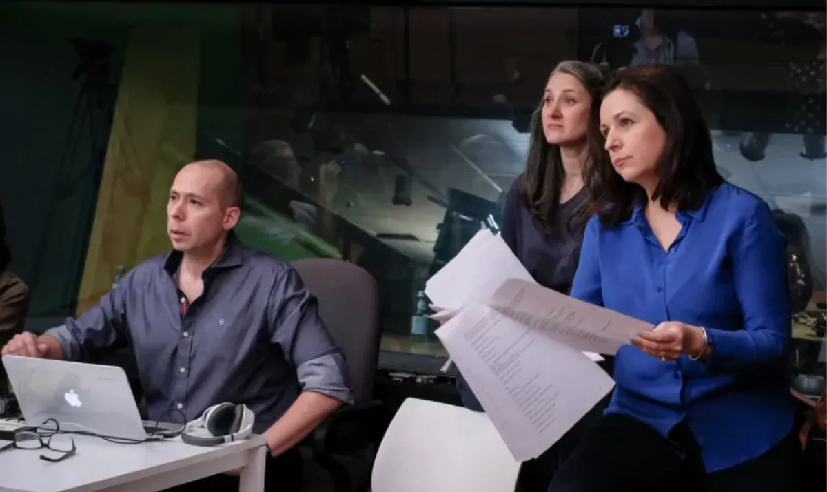 Chris Tolley, Laura Mullin, and playwright Hannah Moscovitch recording an episode of CBC's PlayME podcast